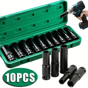 10pcs Heavy-duty 1/2 Inch Drive Impact Sleeve Set - Chrome Vanadium Steel, Rust Resistant And Wear-resistant, Polished Surface, Suitable For Garage Car Maintenance, Home Decoration Use