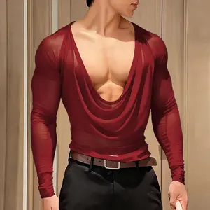 INCERUN Men's Sexy Sheer Deep V Cowl Neck Long Sleeve T-Shirt | Slim Fit Party Top | Clubwear, Dinner Wear, Casual Holiday