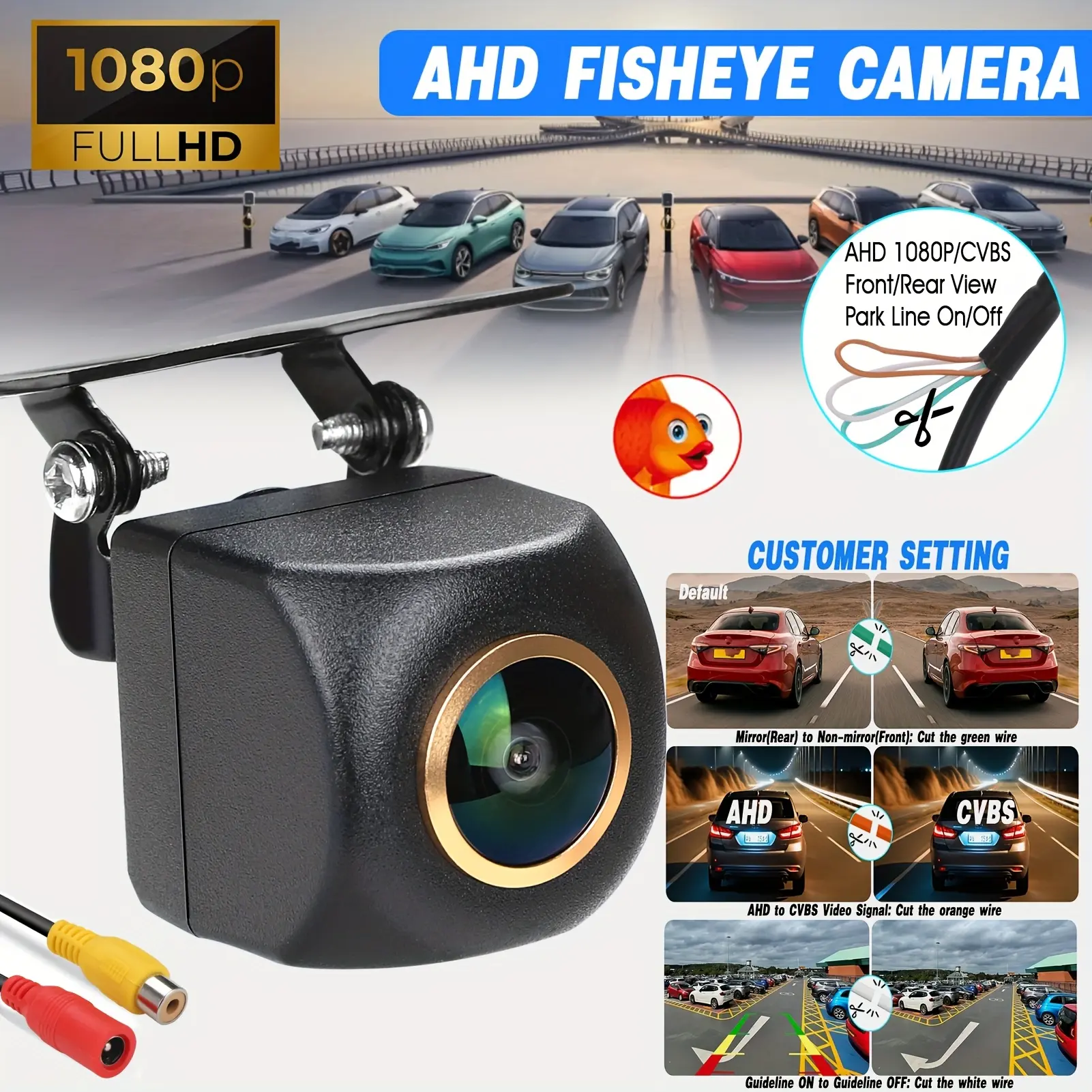 1PC 1080P AHD Fisheye Car Camera - HD Front & Rear View Reverse Camera with Night Vision, Parking Guide Lines, Wide Angle for SUV, RV, and Pickup Truck