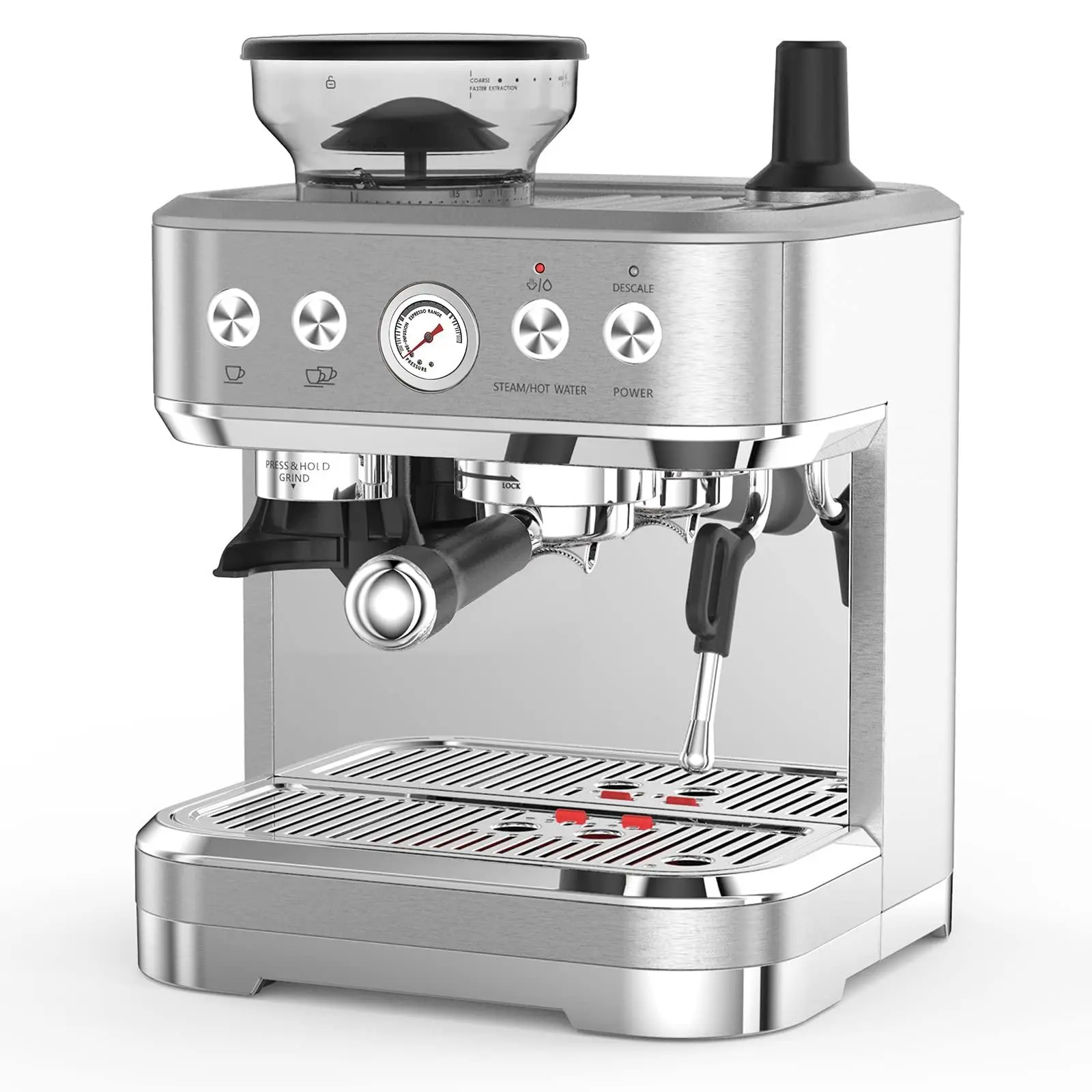 GARVEE Modern Stainless Steel Espresso Machine with Milk Frother, 15-Bar Pump, 58mm Sieve Handle, 15 Adjustable Grind Levels, 2.3L Removable Tank, Cappuccino Latte Maker