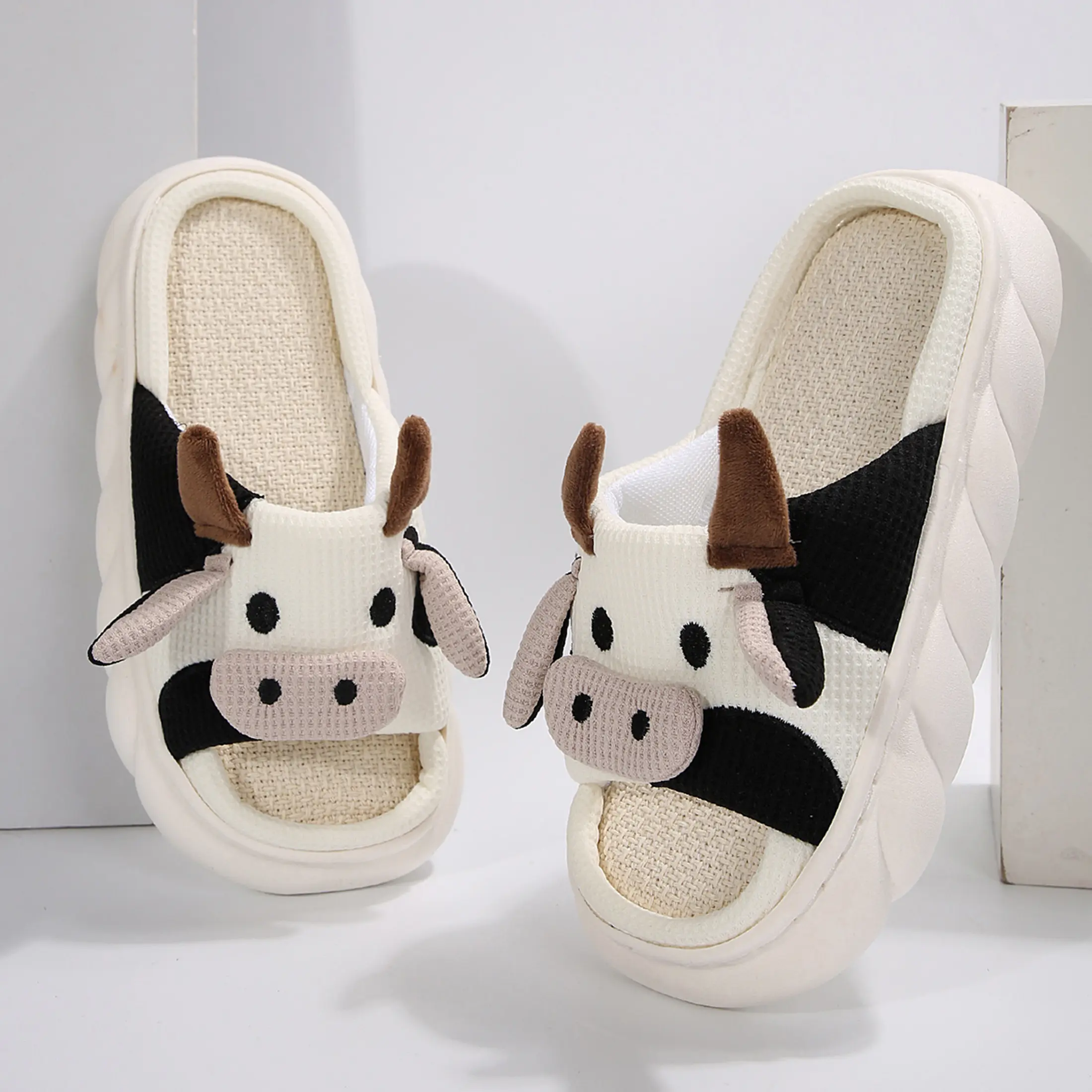 Womens Mens Cute Cow Animal Slippers Cartoon Animal House Shoes Cotton Linen Comfortable Bedroom