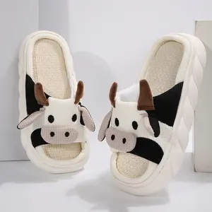 Womens Mens Cute Cow Animal Slippers Cartoon Animal House Shoes Cotton Linen Comfortable Bedroom