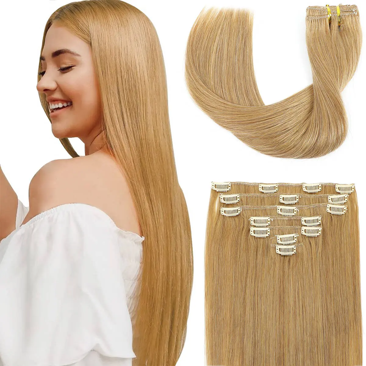 【Clearance Sale】Clip in  Extensions Real Human  100% Brazilian Remy Human  Straight 7 PCS with 16 Clips (14-22 Inch) luxy