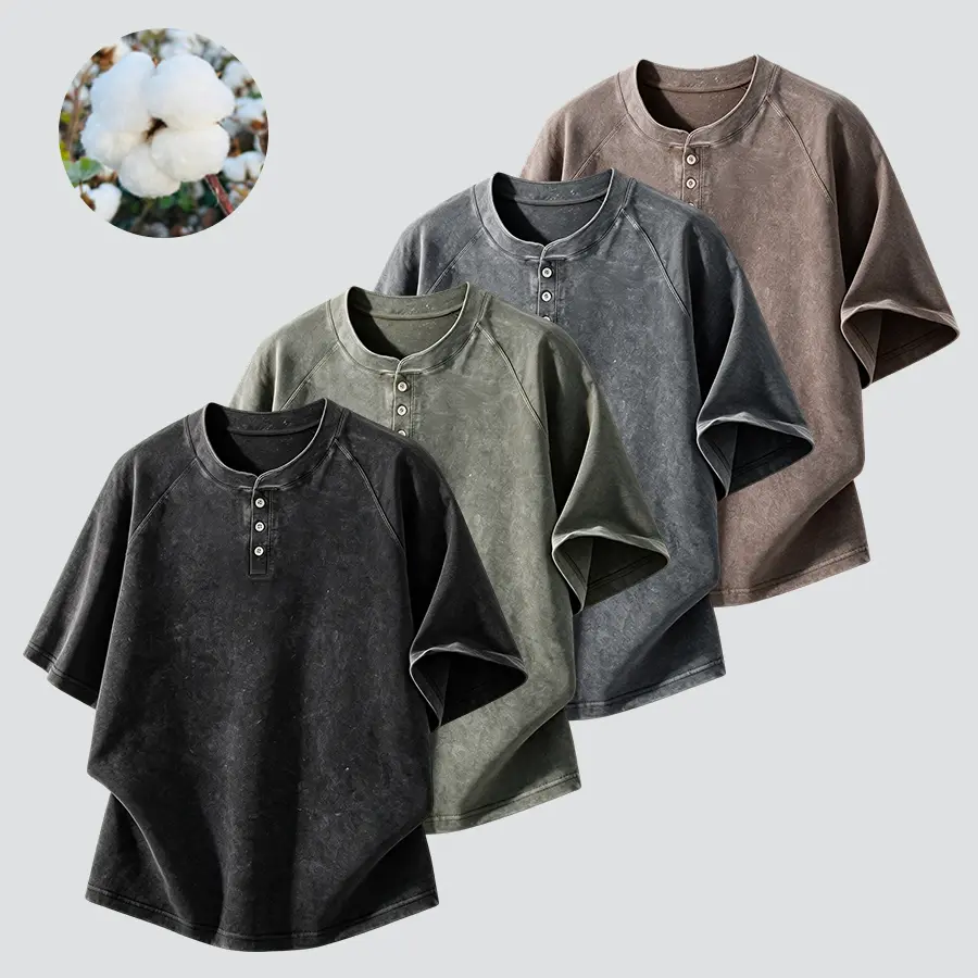 American vintage washed Henley-collar short-sleeve T-shirt with raglan sleeves and a curved hem; crafted from 100% combed long-pile cotton—gentle on skin, breathable, moisture-wicking, and non-clingy; relaxed drop-shoulder fit that conceals bulges and loo