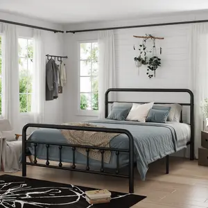 Queen Bed Frame, Victorian Wrought Iron Platform Bed with Elegant Style Curved Posts, Elevated Platform Design, Steel Slat Support, Easy Assembly, No Box Spring Needed, Underbed Storage, Noise-Free, Black