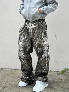 Men's Y2K Street Style Loose-Fit Cargo Pants, Streetwear, Camouflage Print with Gothic Letter Pattern, Drawstring Waist, Casual Fitted Design for Spring & Fall