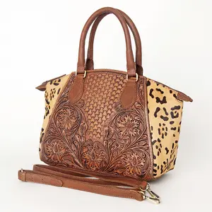 American Darling Tote Bag, Hand-Tooled Floral Western Leather Purse, Hair-On Cowhide Pattern, 10in (H) X 12in (W) X 5in (D)