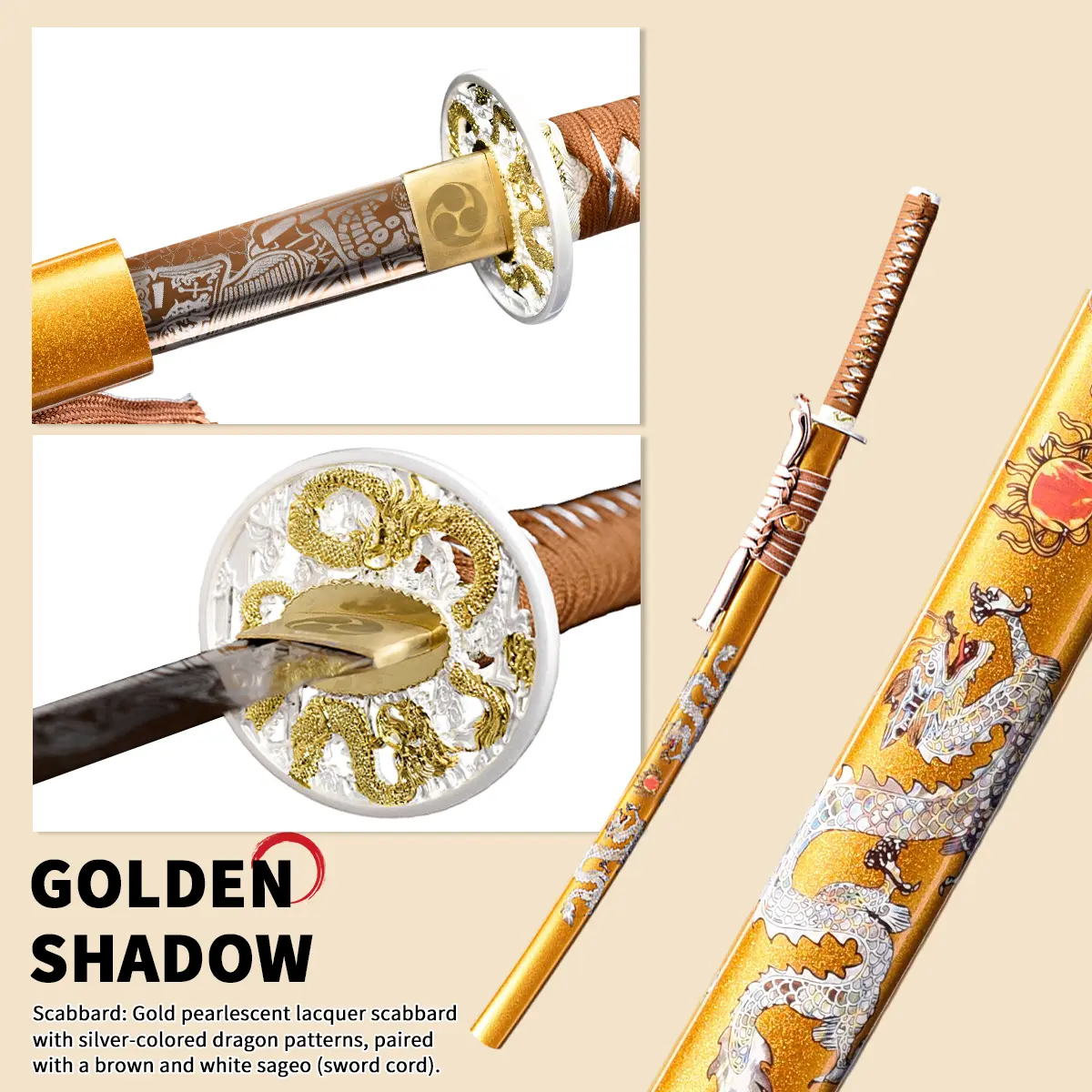 Handcrafted Decorative Katana - Golden Dragon Soul Collection Piece with White, Brown, Silver Tones, Handpainted Art, Dragon Motifs (Fencing Leisure & Outdoor Recreation Equipment), Display Piece, Cosplay Shooting Scenes