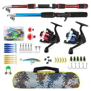 Double Rod Fiberglass Fishing Tackle Set, Fishing Gear Set, Retractable Rods with Dual Color Reels, Includes Lures Hooks Accessories, Portable Bag Included