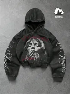 Unisex Los Angeles Dark Vintage Religious Print Hoodie, Decor, Letter Embroidery, Loose Half Cotton, Streetwear Style