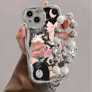 Electroplated Silver Curved Edge Pattern Phone Case with Pearl Bracelet Strap Design, Shockproof, Durable, Unique Pattern, Compatible with iPhone 16 15 14 13 12 11 Pro Promax 16 15 14 Plus Cute Fashion Thickened Shockproof Phone Case
