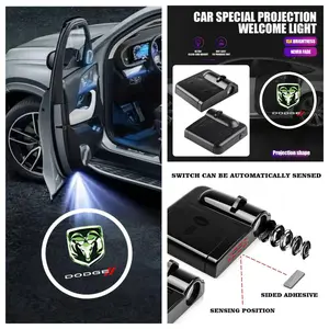 4-Pack Dodge Logo Car Door LED Welcome Projector Lights, Compatible with Dodge Charger/Challenger/Ram Series Vehicles, Peel-and-Stick Non-Destructive Drill-Free Waterproof Courtesy Lights, Projection Shape, Led Step Lights