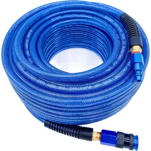 Polyurethane(PU) 1/4-Inch x 100FT Reinforced, Air Hose with 1/4" Swivel Solid Aluminum Colored Universal Quick Coupler and Plug, Bend Restrictor,Dark Blue