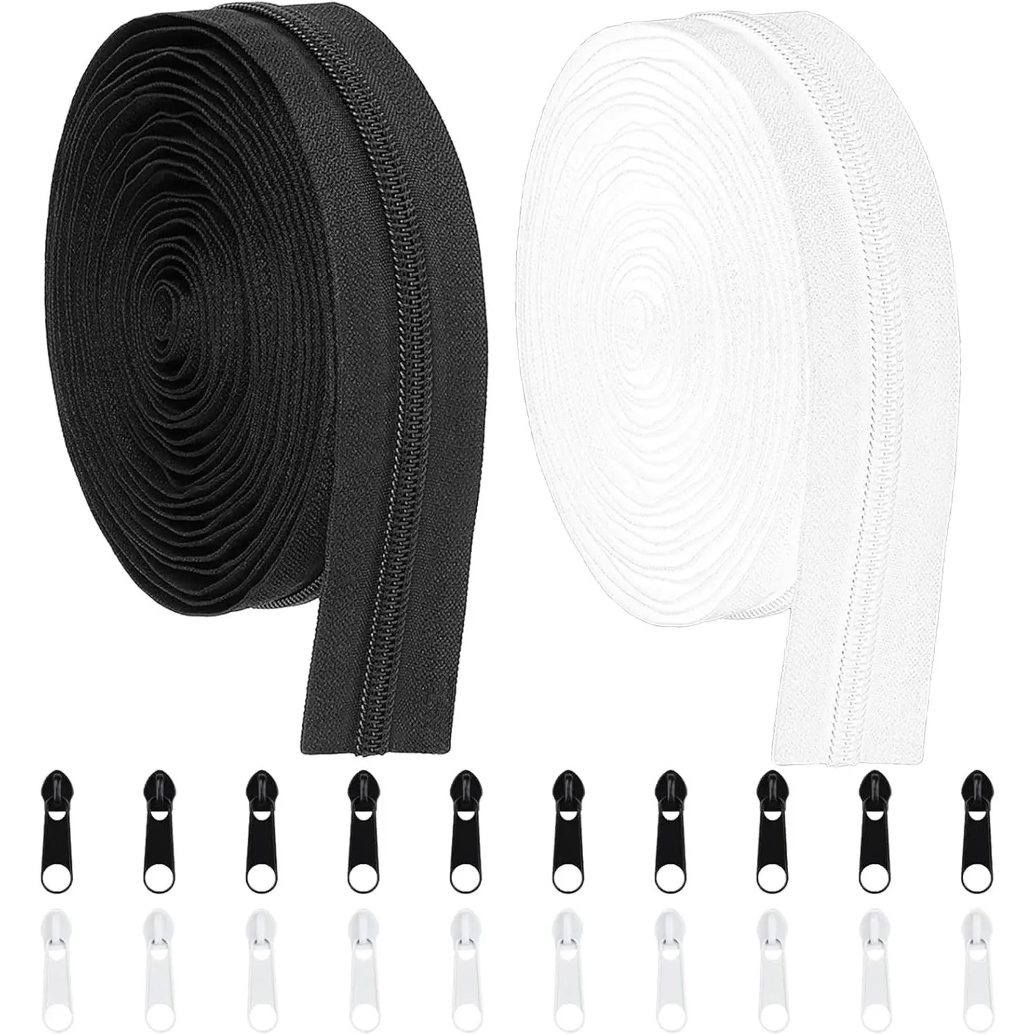 10 Yards 360 in Bulk Zippers for Sewing,#5 Nylon Coil Zippers by The Yard,20PCS Replacement Zipper Sliders for DIY Sewing,Tailoring,Clothes and Bags - Black & White (5 Yards Each)