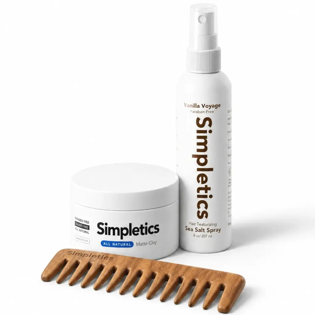 Simpletics Men's Control Essentials Haircare Set - Salt Spray Mousse & Gel, Texturizing Mousse & Gel, Vanilla Scent, Defines Curls, Adds Volume, Creates Beach Waves, Free Wooden Comb Gift