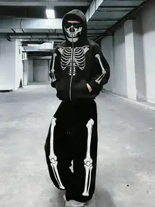 Unisex Street Style Skeleton Print Hoodie Set, Fitted Zipper Jacket & Wide Leg Pants, Dark Casual for Motorcycle Travel