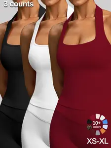 1/2/3 Pcs Women's Yoga Halter Neck Tank Top with Removable Pads, Three-Layer Seamless Backless Tank Tops Casual Solid Color Soft All Seasons Wear