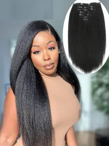 Kinky Straight Clip in Hair Extensions, Black Gorgeous Fluffy Hair Extensions, Synthetic Hair Extensions for Party & Daily Use, Kinky Straight Yaki