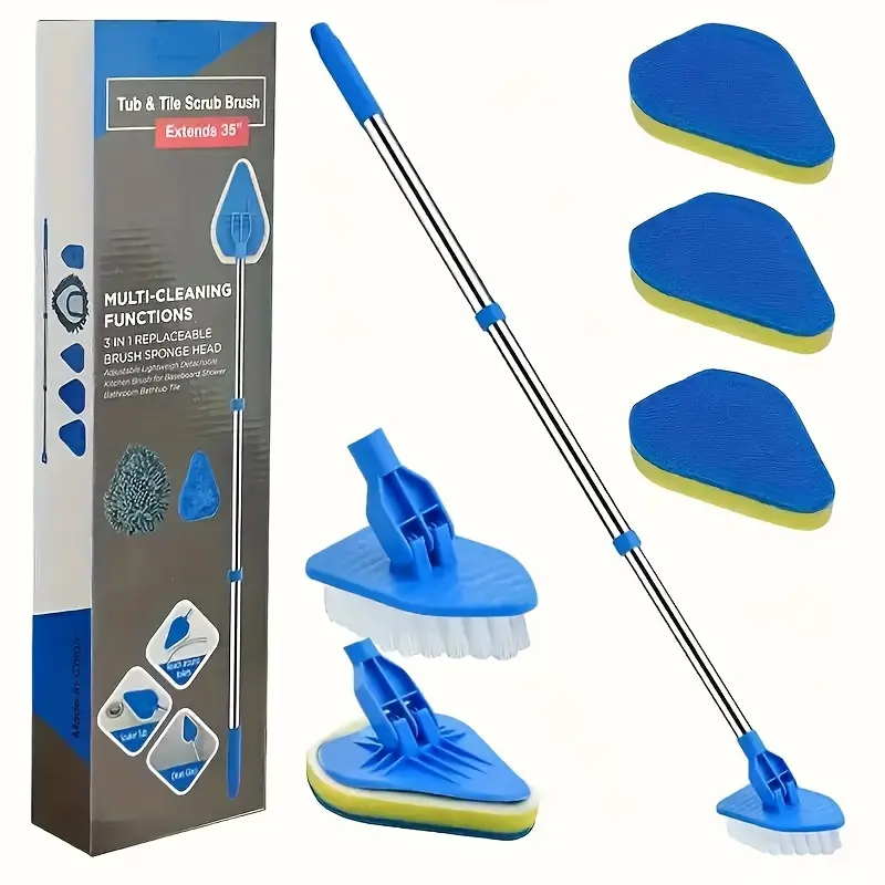 Retractable 2-In-1 Bathroom Cleaning Brush, Stainless Steel Handle, 3 Sponge Heads & 1 Brush Head, Ideal for Bathtubs, Floors, Pools, Multipurpose Cleaning Tool