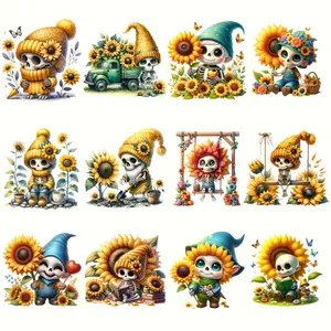 12 Sunflower Skeleton Series DIY Heat Transfer Stickers, Handmade Crafts, Diy flower decor, suitable for clothing, backpacks, hats, these heat transfer stickers are easy to iron on and washable, perfect for creating a casual style