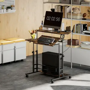 HOMCOM Height Adjustable Standing Desk with Power Outlets, Stand Up Desk with Tiltable Tabletop, Lockable Wheels, Bottom Shelf, Rolling Workstation for Home Office