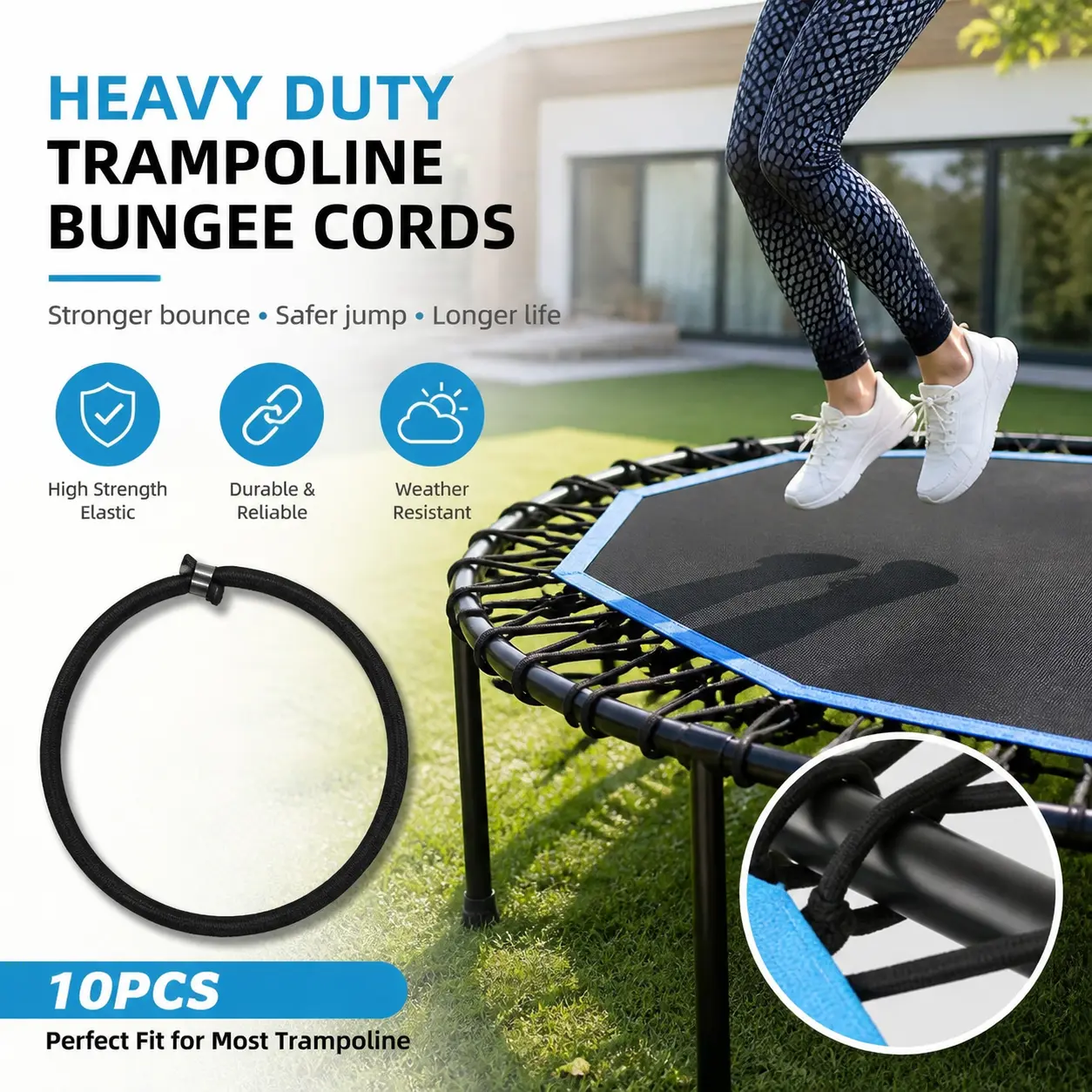 Heavy-Duty Latex Core Trampoline Bungee Cords, Silent Stretch Replacement Ropes for Fitness Trampolines