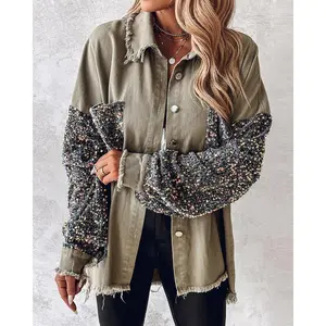 Women's Luxury Contrast Sequin Raw Hem Shacket Collared Corduroy Plaid Shirt Style Double Button Lapel Oversized Cut Denim Bomber Jacket Outerwear Perfect for Casual Outings Evening Gatherings Fall Winter Wear Soft Comfortable Fabric