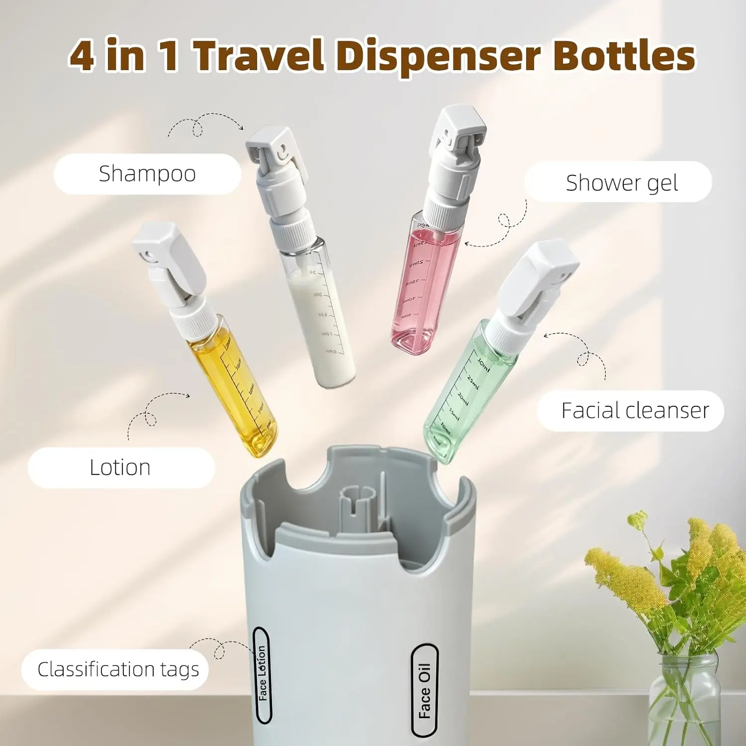 summerwins 4-in-1 Plastic Rectangle Mini Travel Cosmetic Dispenser Bottle, Leakproof Caps Silicone Squeeze Container with Lock, Compact Lightweight Beauty Care Tool Pack for Business Trips, Vacations, Travel Cosmetics, Refillable