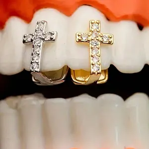A Set Of 2 Iced Out Cross Tooth Grillz for Single Tooth - Silver Plated CZ Rhinestone Tooth Clip, Y2K Hip Hop Dental Jewelry, Non-Piercing Body Accessory, Perfect for Festivals & Parties