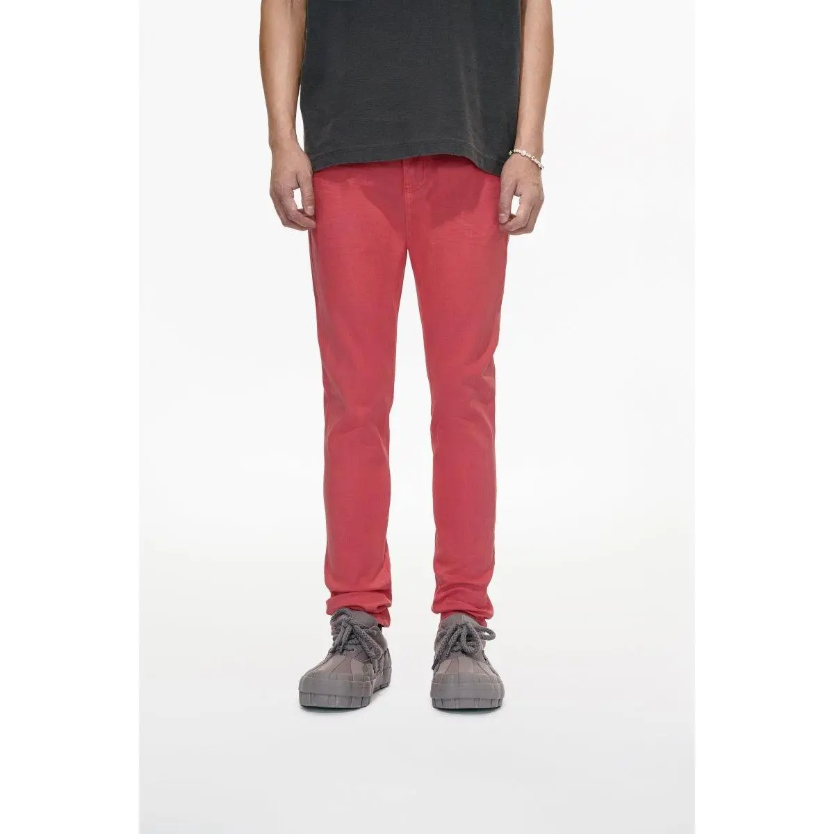 Men's Slim Fit Coral Denim - Sleek Coated Waxed Jeans for Casual Menswear and Streetwear Outfits, Shiny Texture, Hang Dry
