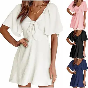 Women's Clothing Shein V-neck Bow Lace-up Short Sleeve Mini Dress