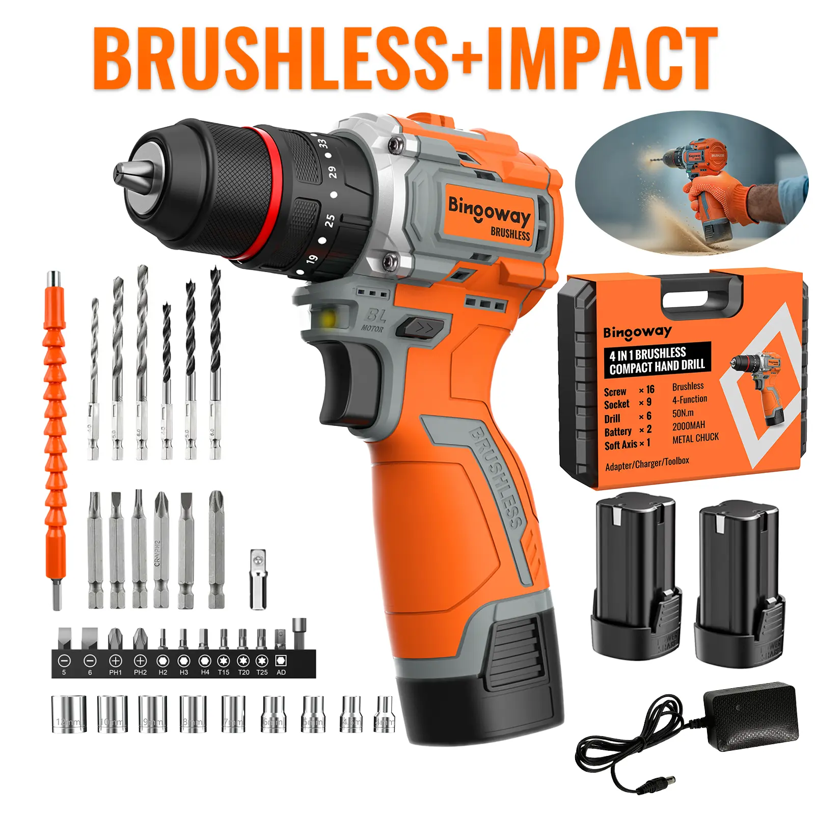 Bingoway 50N.m(37ft-lbs) Brushless Cordless Drill, 4-Function ElectricDrill with 36 pcs Accessories, Keyless Metal Chuck, 35Torque Adjustment, 2pcs 2000mAh 16V Batteries, 2 Speed,Screwdriver, Wrench,Impact Machines Gun ForHousework,Power Tool,Tool Kit box