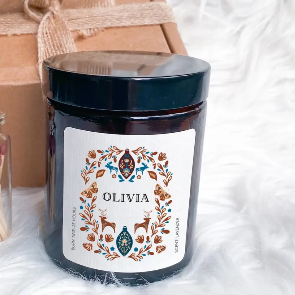 Personalised Christmas Scented Candle with Name, Gift for Her Him, Scandinavian Cosy Stylish Unique Vegan Xmas Present Decor Lavender