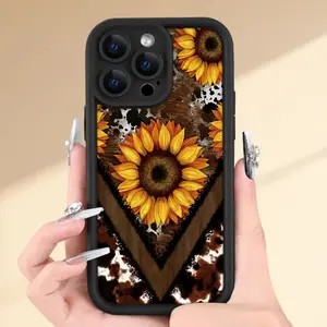 Creative - Western Leopard Print And Sunflower - for iPhone 17 16 Pro Max 15 Plus 14 13 12 11  Air XS XR X  Black TPU Soft Case, Provides Shockproof Protection, It Is a Good Gift for You to Give As a Gift/For Your Boyfriend Or  Suitable for Samsung S24 FE