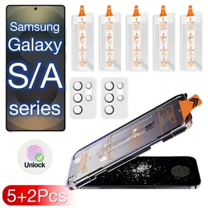 [5+2 Pack] Galaxy S25 Ultra Edge S24 S23 S22 S21 Plus A55 A56 A36 A25 A15 A35 5G Glass Screen Camera Protective Film, Protector, 9H Tempered Glass, HD Transparent, Bubble Free, Automatic Positioning, 3D Curved Surface, Supports Fingerprint Unloc
