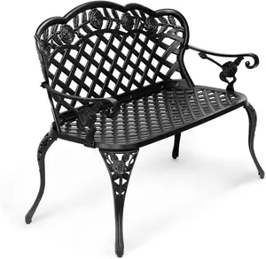 VINGLI 42.5" Outdoor Bench, Antique Cast Aluminum Front Porch Bench Metal Garden Benches Cast Iron Benches 2-3 People Seating (Black) Criss Cross Ergonomic