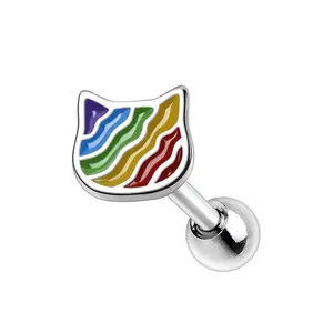 Rainbow Striped Cat Face Cartilage Barbell Earring - Stainless Steel