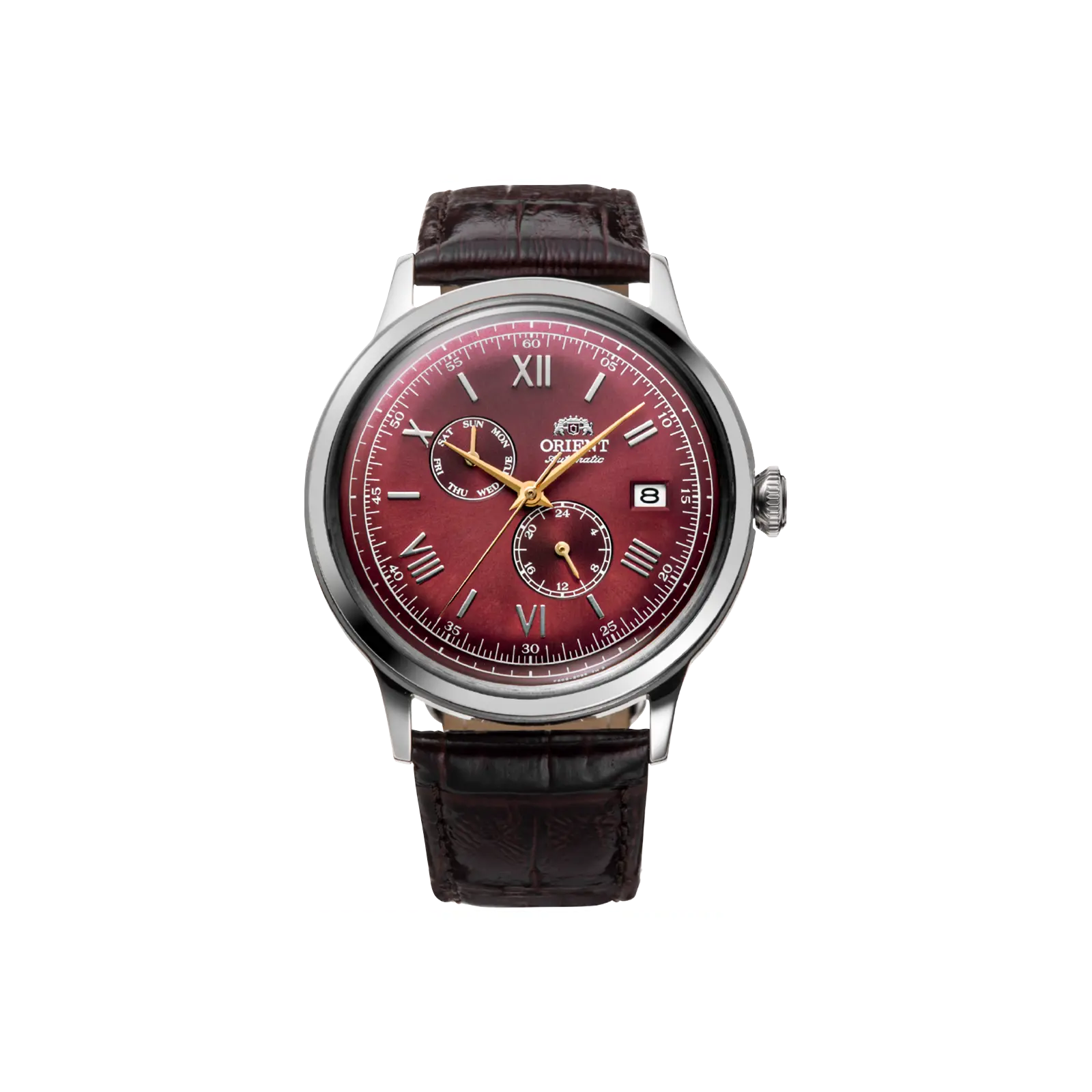 Orient Bambino V8 Men's Automatic Mechanical Business Watch, Dress Style with Brown Leather Strap, 40.5mm Bordeaux Dial, RA-AK0705R30B, Automatic Mechanical Watch, Business Leather Watch