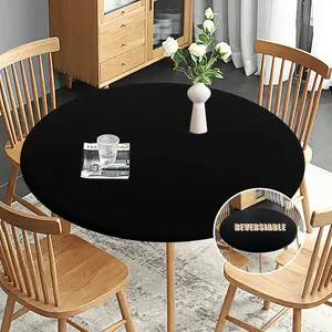 Reversible Elastic Fitted Round Tablecloth, Waterproof Stain-Resistant Wipe-Clean Table Cover, Indoor/Outdoor Room Decor & Festive Party Supplies, Fits Round Tables up to 40"-44" Diameter, Black