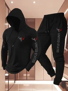 Men's Graphic Hoodie Set with Drawstring, Long Sleeve Casual Suit, Spring & Fall Sportswear, United States Print, 2-Piece, Casual Activewear Set