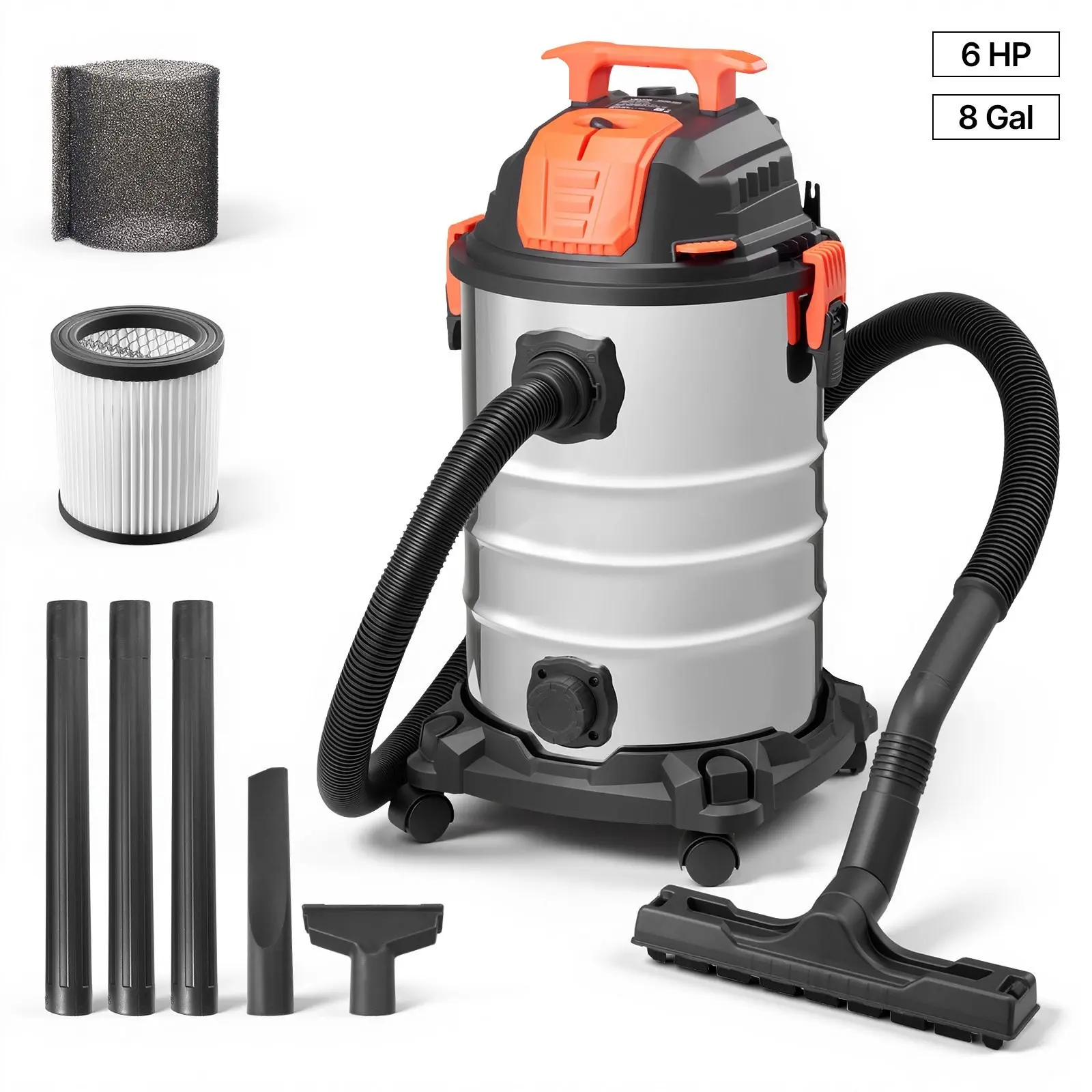 8-Gallon Wet Dry Shop Vacuum With 6 Peak HP, One-Button Self-Cleaning, Dual-Filter System, 900W Input Power, 1.25-Inch By 7-Foot Hose, 9.8-Foot Cord, Metal Tank, Ideal For Jobsite, Workshop, Garage, And Home