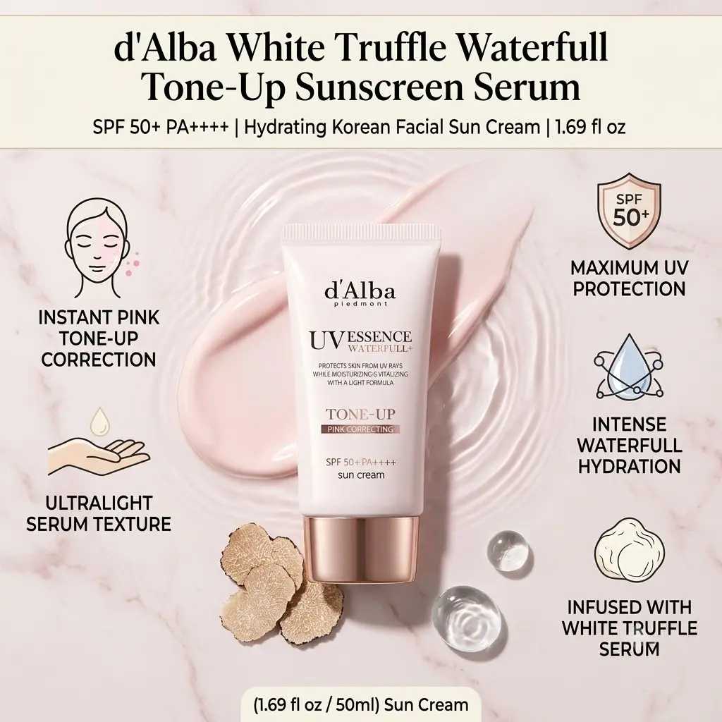 White Truffle Waterfall Tone Up Sunscreen Serum - SPF 50+ Hydrating Korean Facial Sun Cream (1.69 fl oz), Lightweight Skin Repair Moisturizer, Moisturizing