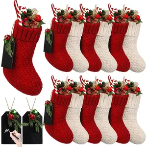 12 Pieces Christmas Mini Knitted Xmas Stockings Rustic with 12 Pieces Name Tags Family Xmas Fireplace Hanging Stockings Holiday Decorations, Red and White