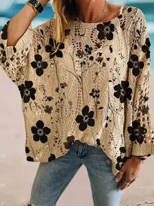 Spring Summer Round Neck Hollow Out Batwing Sleeve Knit Sweater, Floral Print Loose Fit Vacation Style Hoodie, Casual Elegant Commuter Wear Knitwear