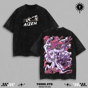 Aizen & Hollow Fusion Double Printed Vintage Washed Tee, Unisex Oversized Heavyweight Cotton T-shirt for Anime Fans