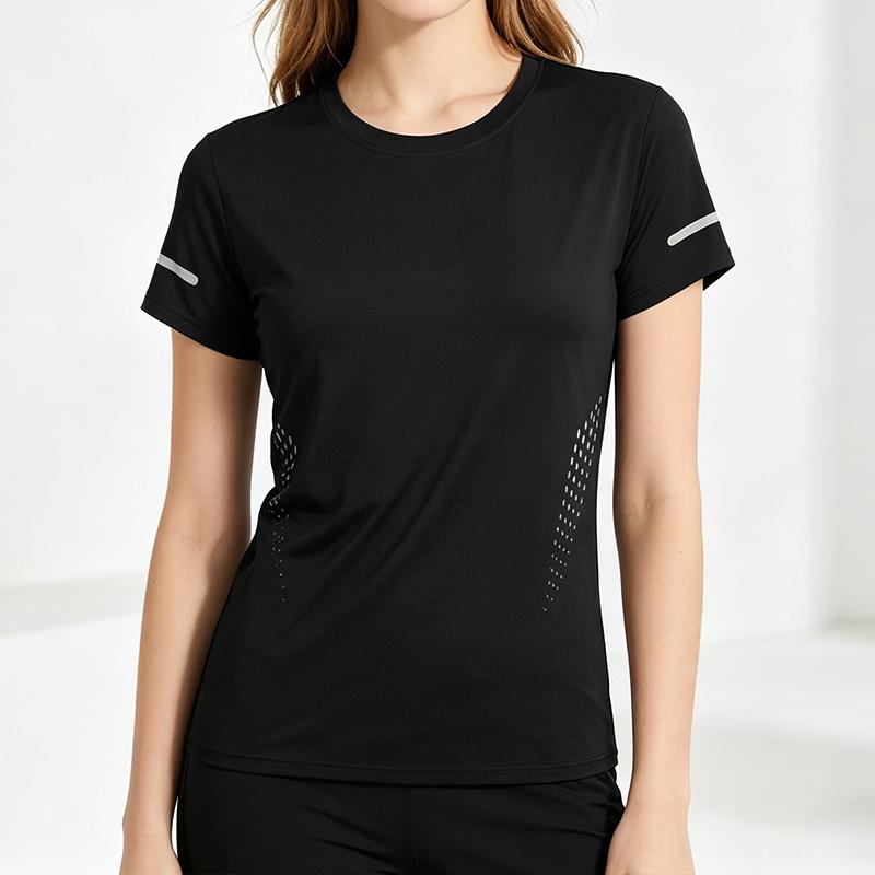 New women’s quick-dry sports T-shirt with reflective stripes, breathable athletic top, lightweight for running, fitness, and yoga