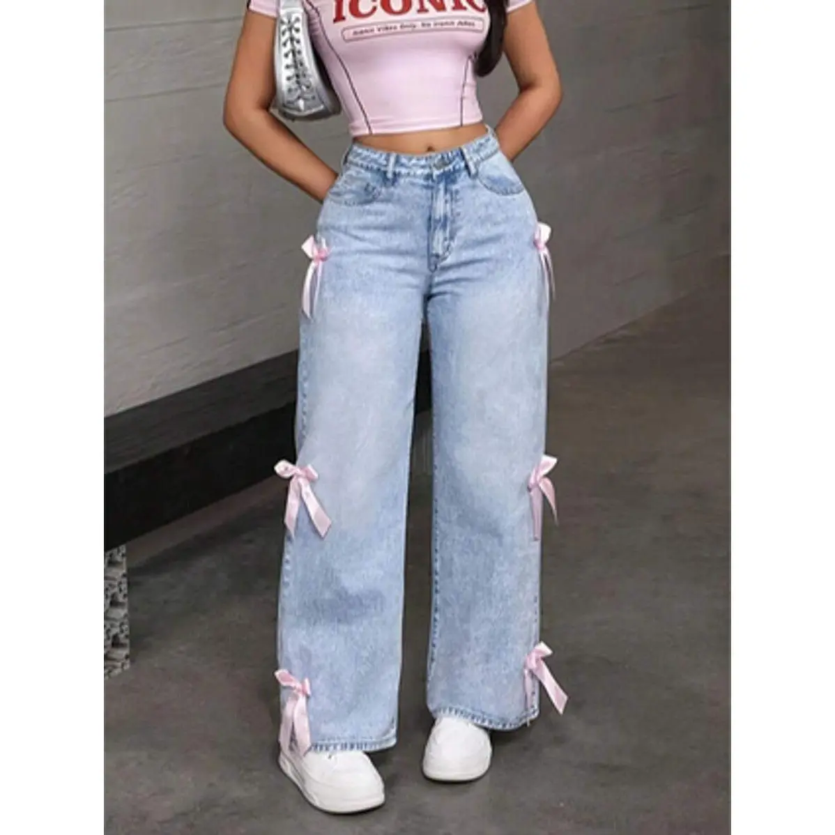 Denim Pants for Women: Loose Fit with Bowknot Pockets, Ideal for Casual Daily Outfits Blue Bottoms