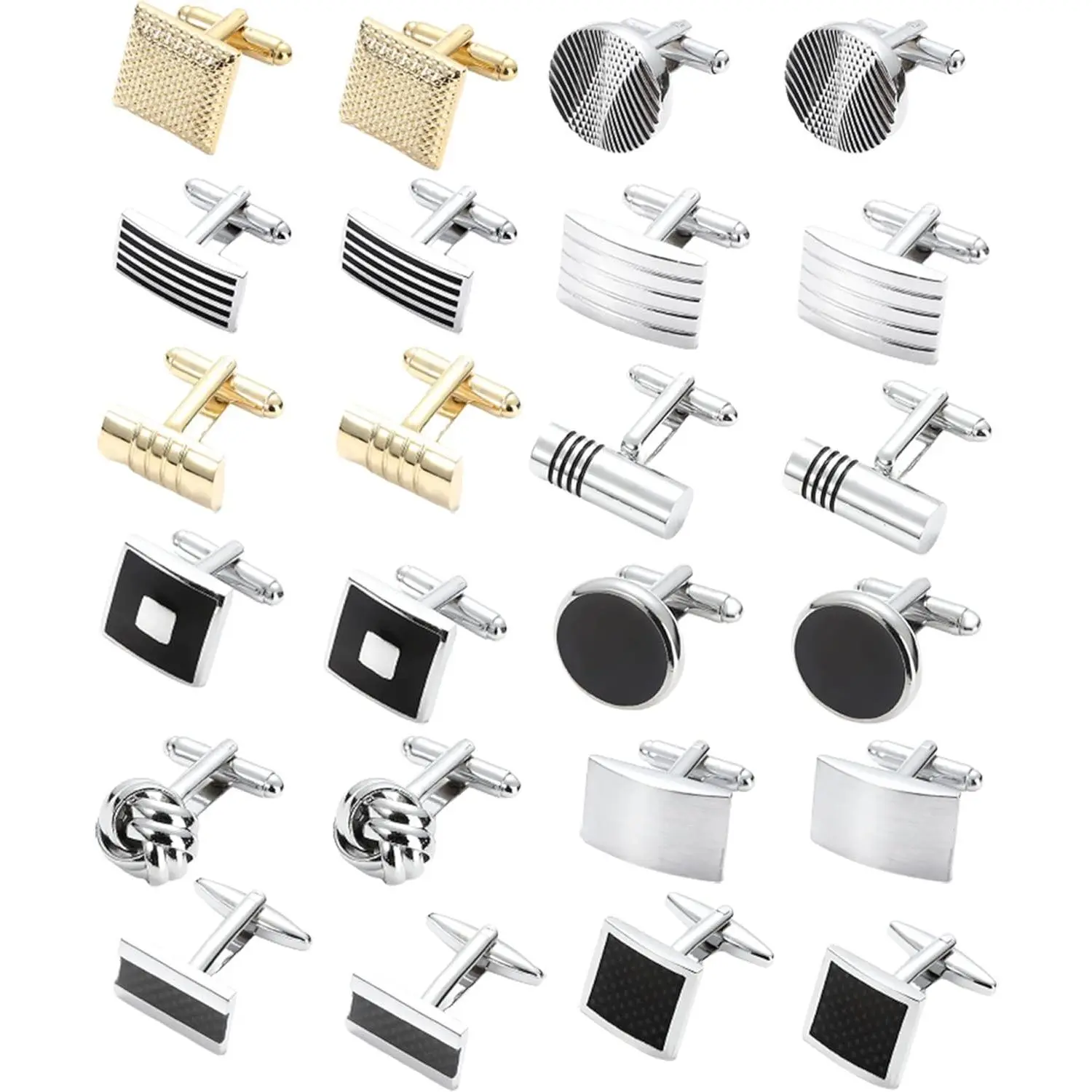 12-Pair Men's Cufflinks Set, Classic High Quality Polished Brass with Assorted Designs, Durable for Wedding & Business Formal Shirts, Material, Christmas