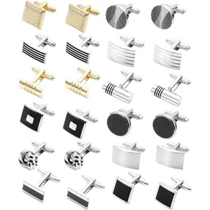 12 Cufflinks for Men Classic Tone Cuff Links Silver Black Striped Disc Square Rectangle Cuff Links Shirt Suit Men’s Cufflinks For Wedding Elegant Gift