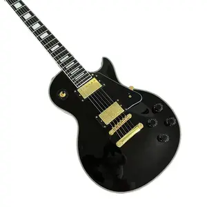 Black 6-string guitar, white binding, mahogany body, HH pickups, chrome hardware